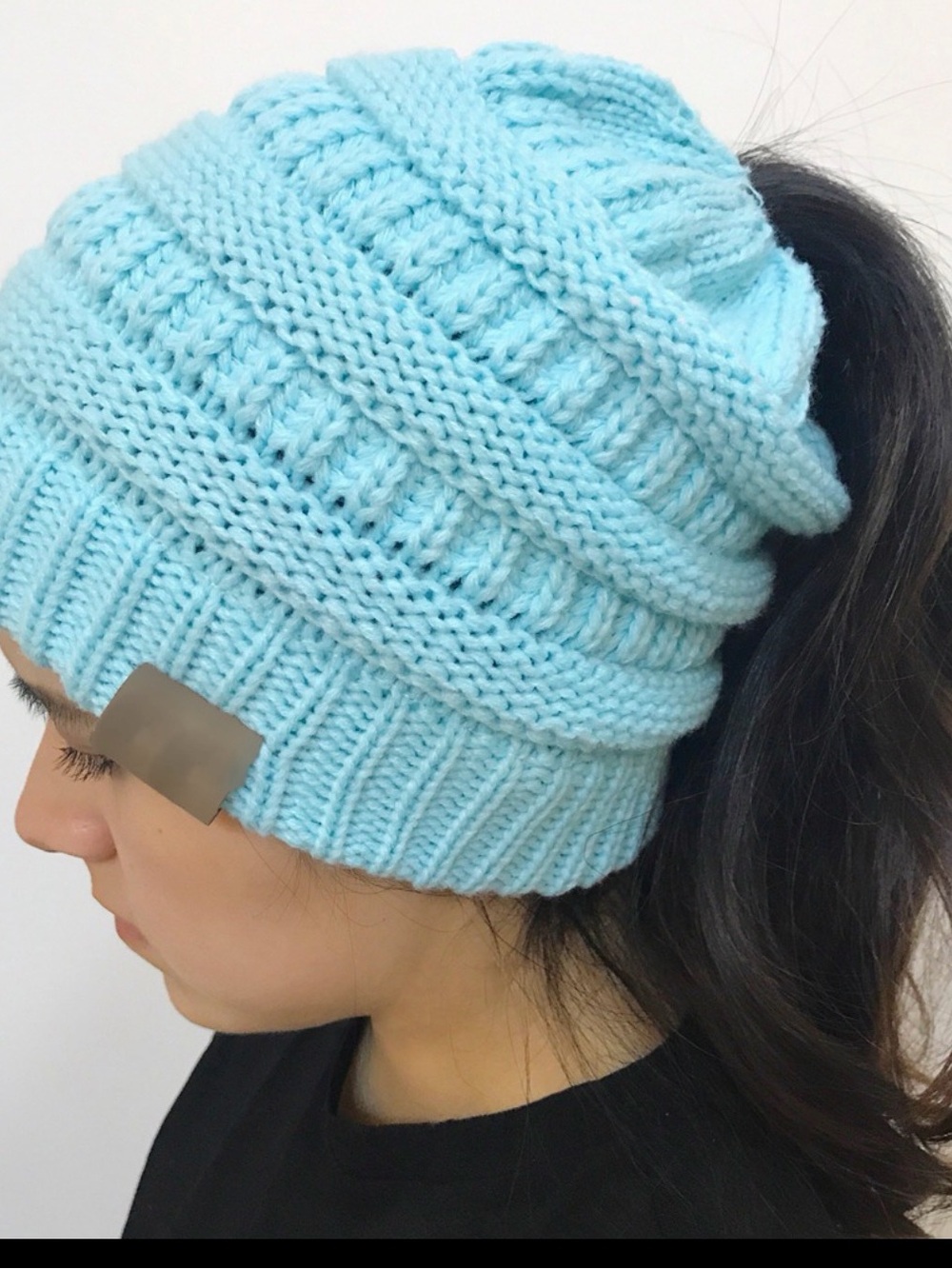Kids Light Blue Knit Ponytail Beanie Hat